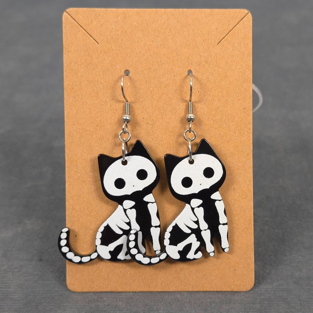 Skeleton Black Cat Hook Earrings - Halloween Gothic Spooky Season